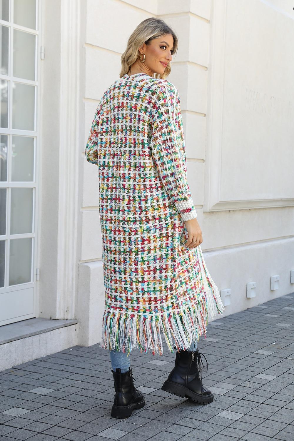 Fringe Knit Duster Cardigan - Colorful Boho Long Sweater