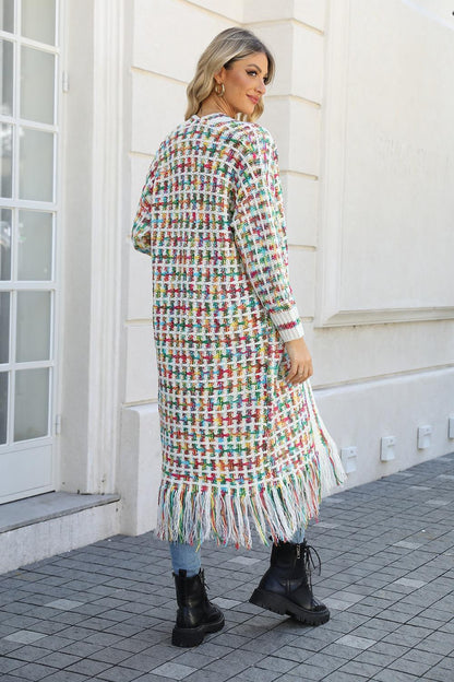 Fringe Knit Duster Cardigan - Colorful Boho Long Sweater