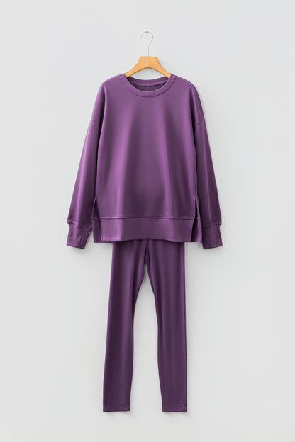 Solid Oversize Slit Sweatshirt with Ribbed Leggings Set