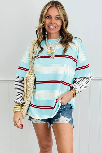 Sky Blue Stripe Casual Striped Patchwork Long Sleeve Loose Pullover Top