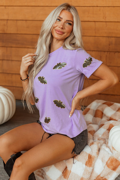 Purple Sequin Halloween Bat Graphic Casual T Shirt