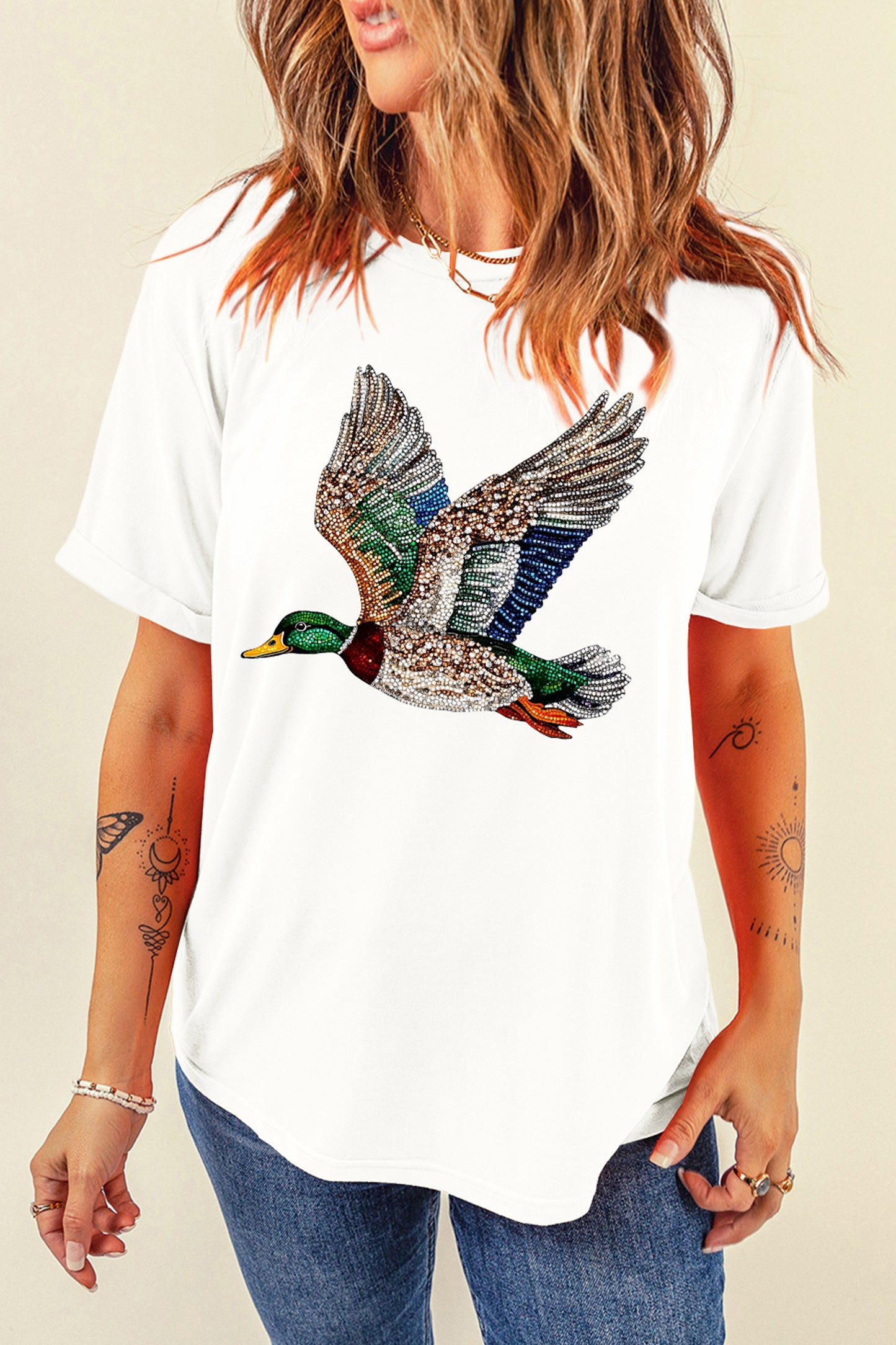 Rhinestone Duck Graphic Tee Crew Neck Casual T Shirt
