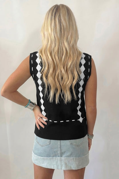 Black Western Horse Knit Sweater Vest Mock Neck Tank Top