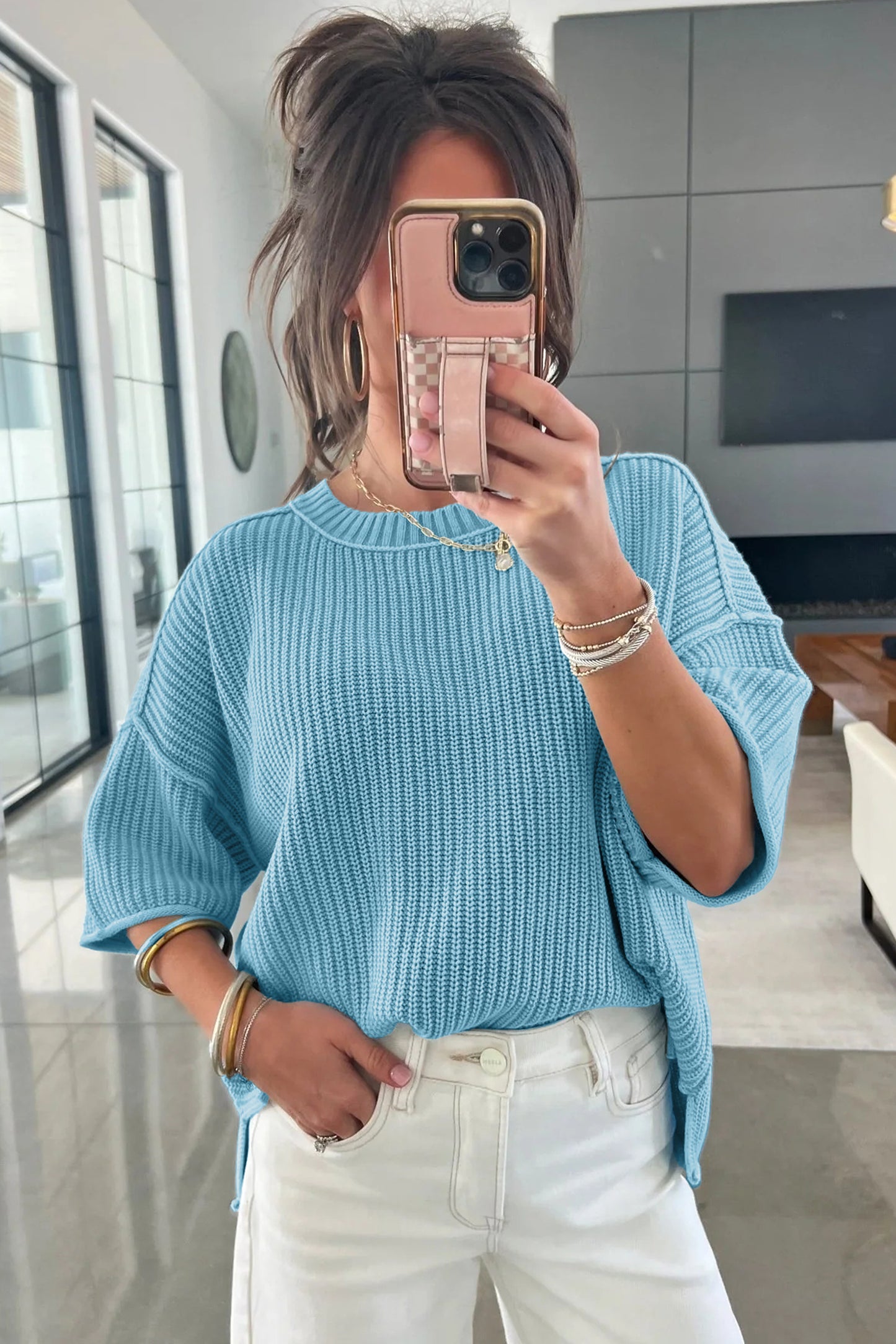Mist Blue Waffle Knit Oversized Half Sleeve Sweater Top