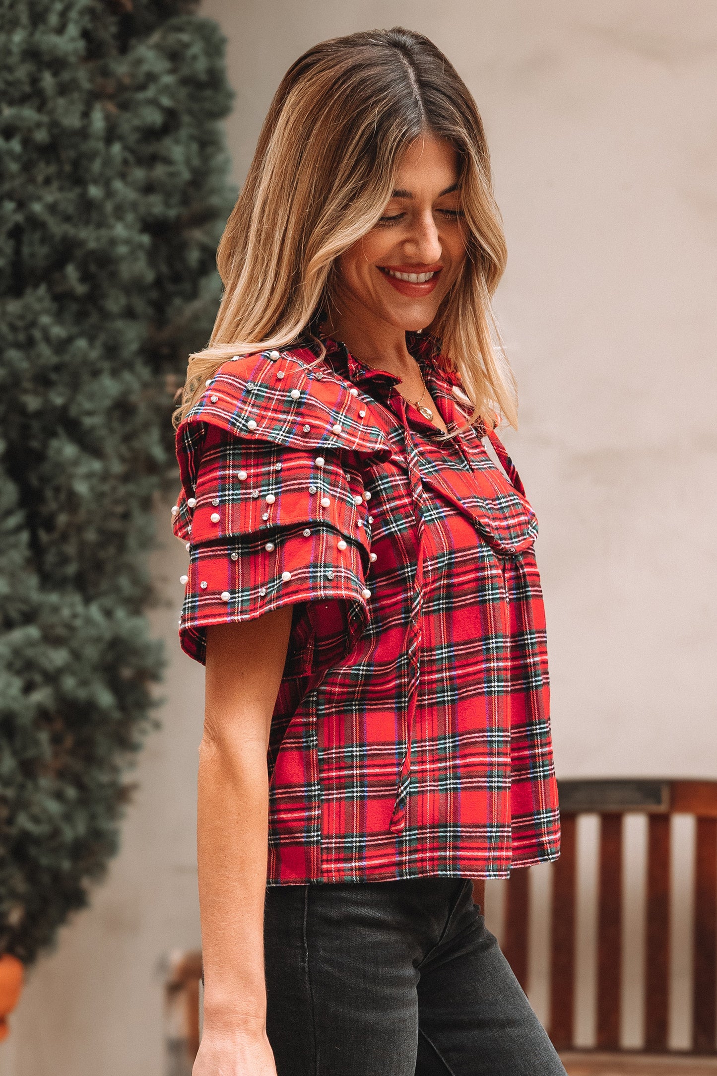 Red Christmas Plaid Pearl Ruffle Short Sleeve Holiday Blouse
