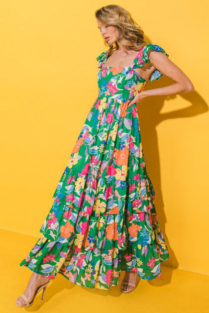 Easter Floral Square Neck Ruffle Strap Maxi Dress