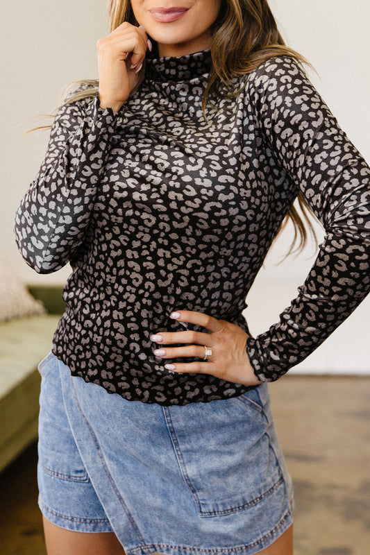 Western Leopard Print Mock Neck Long Sleeve Top Brown