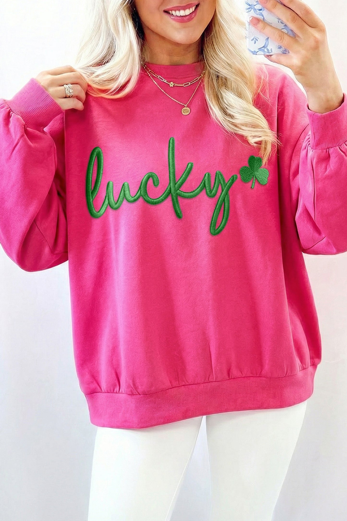 Rose Red St Patrick’s Lucky Clover Embroidered Sweatshirt