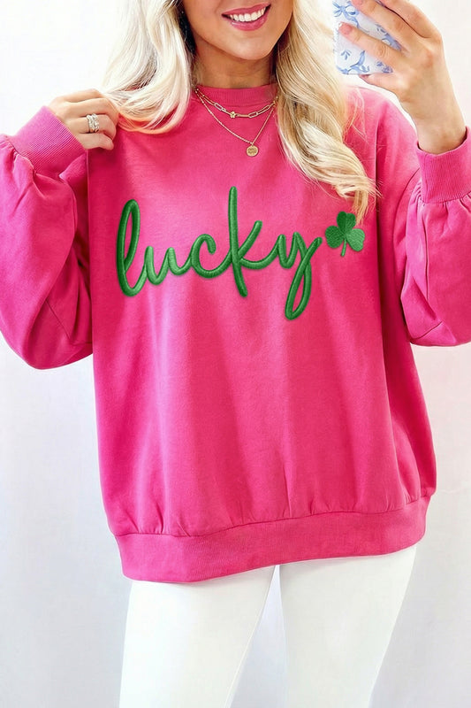 Rose Red St Patrick’s Lucky Clover Embroidered Sweatshirt