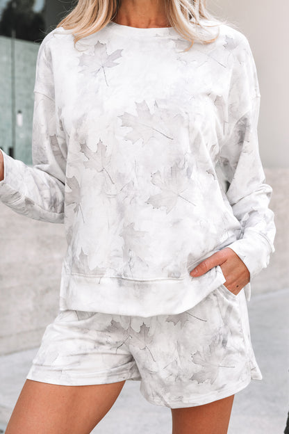 Beige Camo Print Lounge Pullover and Elastic Waist Short Set