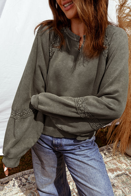 Lace Patchwork Notched Neck Mineral Wash Sweatshirt