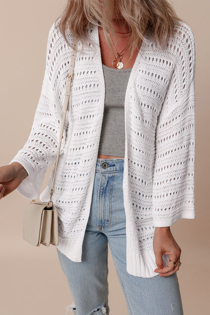 White Pointelle Knit Bracelet Sleeve Open Cardigan