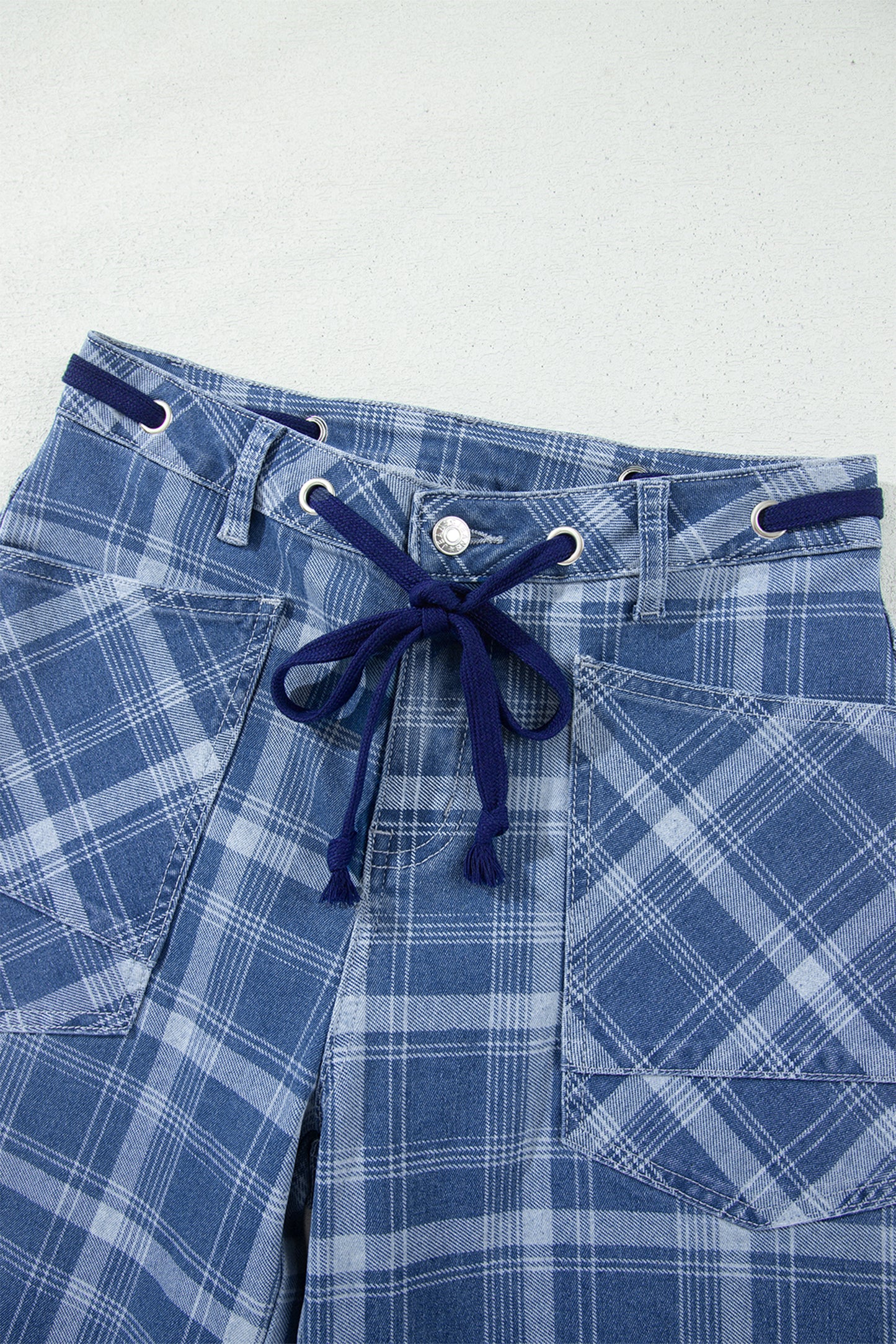 Plaid Denim Drawstring Wide Leg Utility Jeans