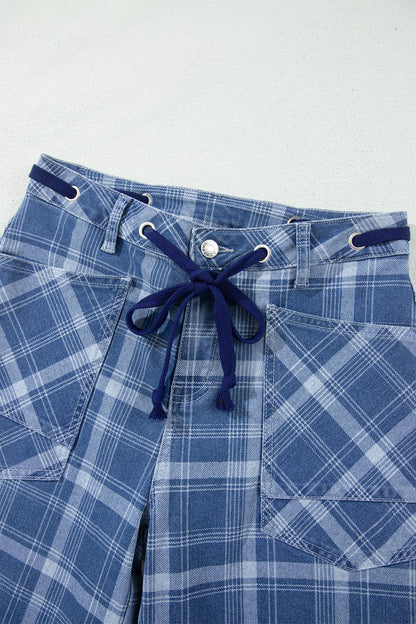 Plaid Denim Drawstring Wide Leg Utility Jeans