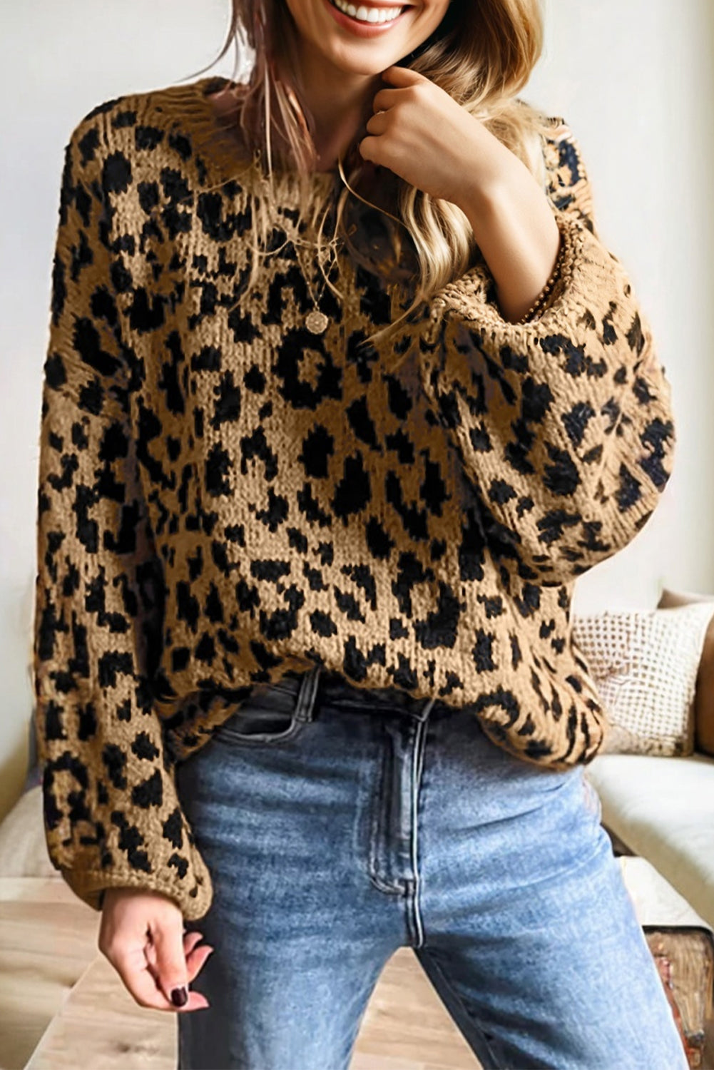 Light French Beige Ribbed Trim Round Neck Leopard Drop Shoulder Sweater