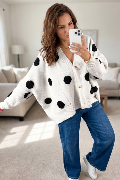 Polka Dot Oversized V Neck Knit Cardigan Sweater