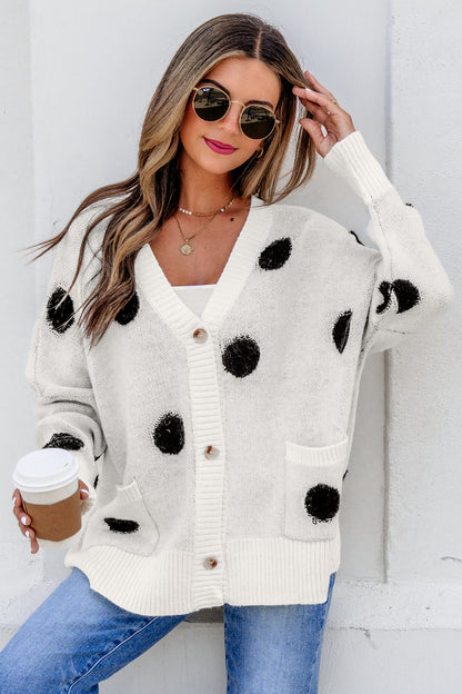 Polka Dot Oversized V Neck Knit Cardigan Sweater