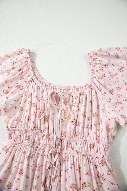 Pink Front Tie Shirred Waist Short Sleeve Ruffled Floral Mini Dress