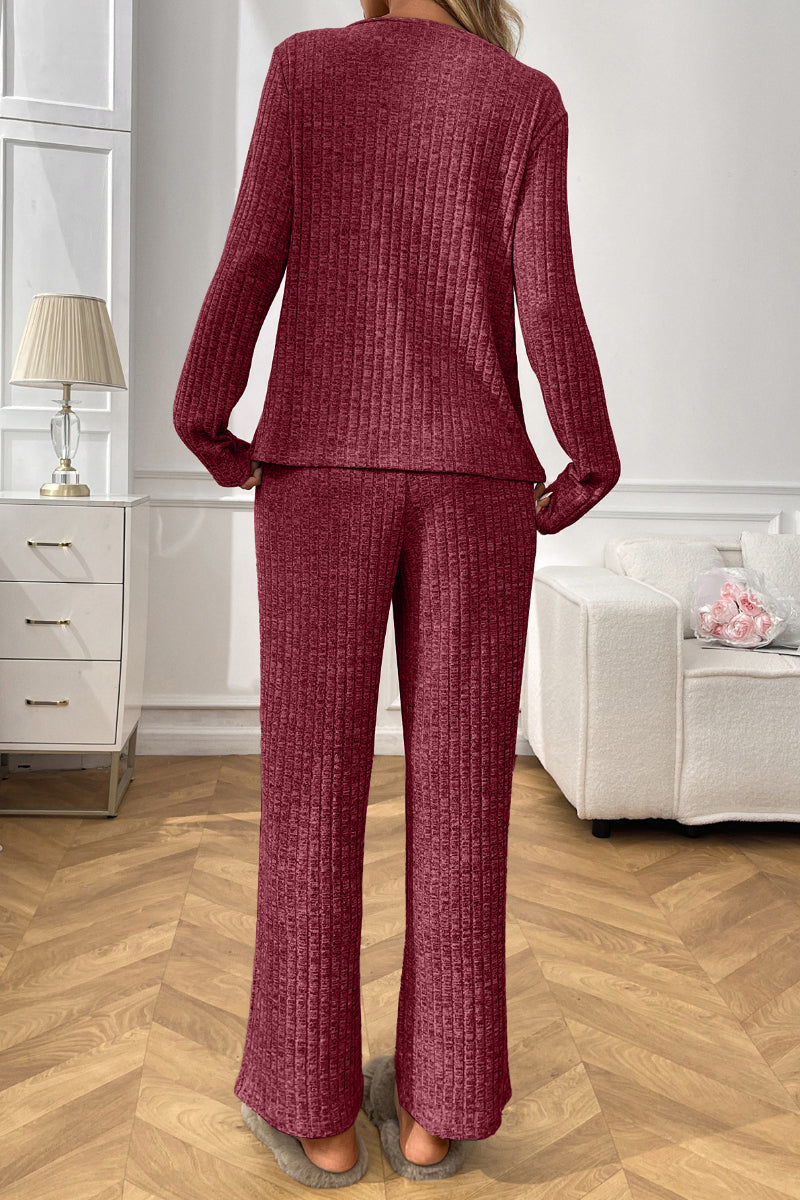 Cozy Ribbed V Neck Lounge Set with Wide Leg Pants