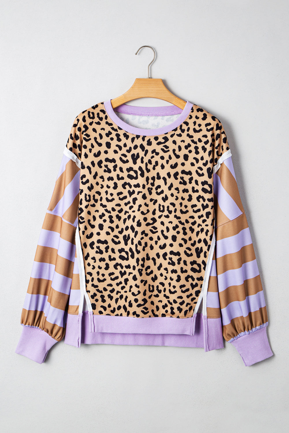 Khaki Stripe Colorblock Leopard Oversized Sweatshirt