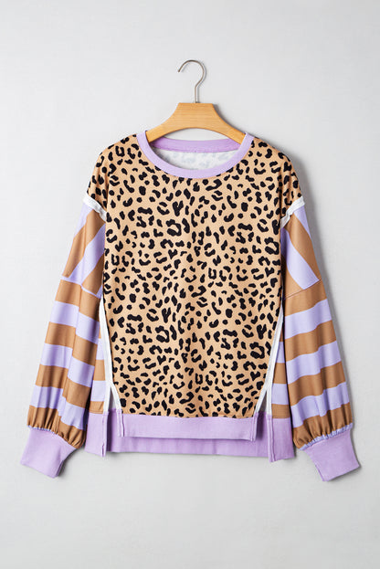 Khaki Stripe Colorblock Leopard Oversized Sweatshirt
