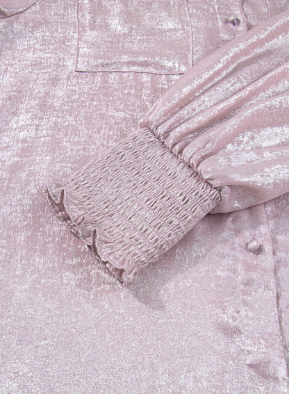 Delicacy Metallic Button Down Satin Blouse with Smocked Cuffs