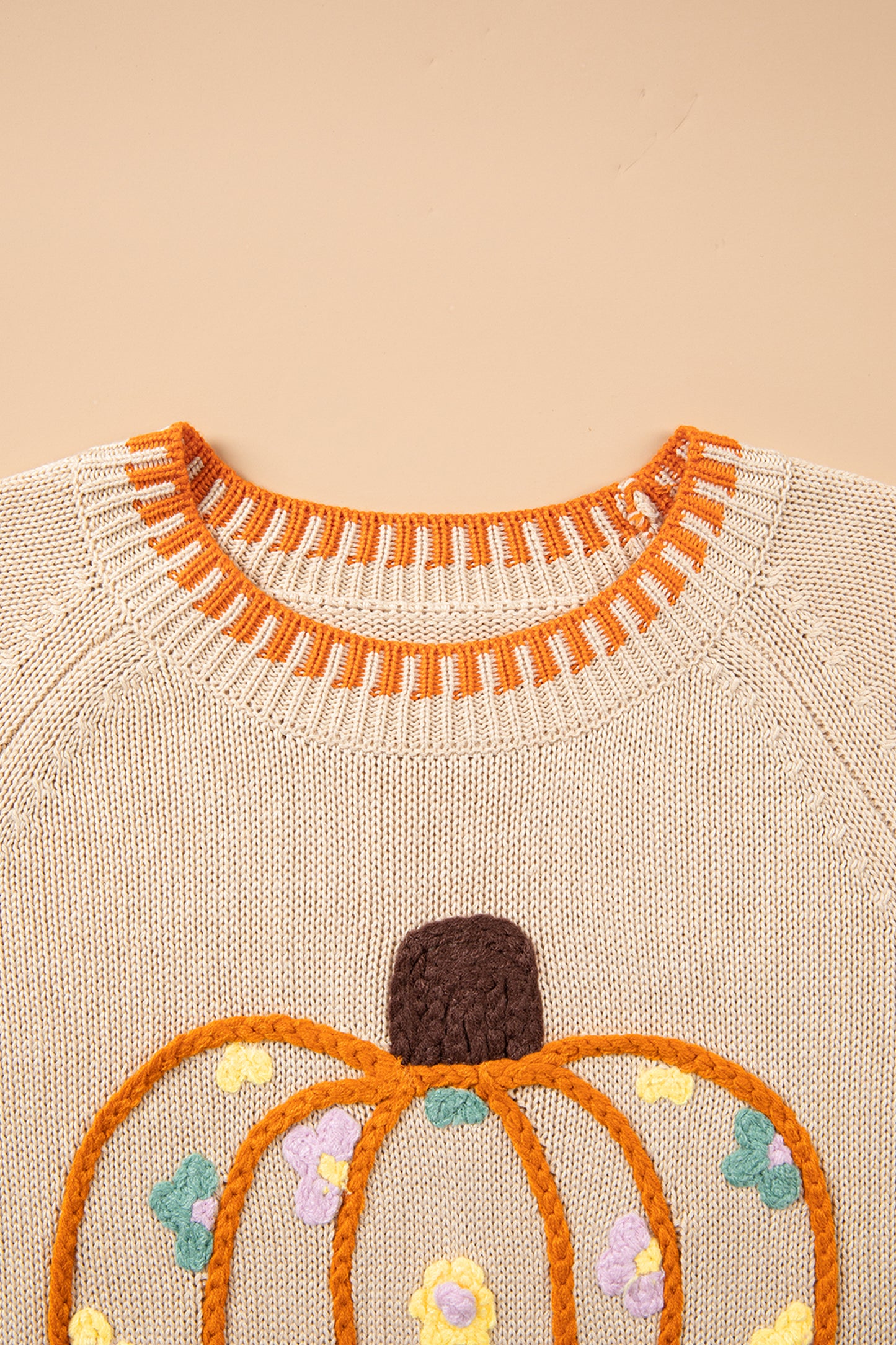 Pumpkin Knit Sweater Autumn Floral Embroidered Relaxed Fit