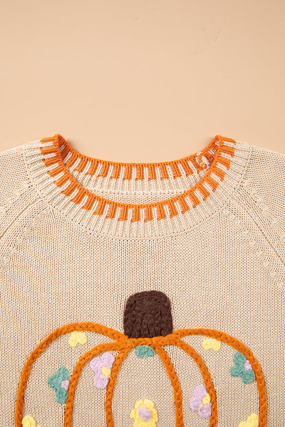 Pumpkin Knit Sweater Autumn Floral Embroidered Relaxed Fit