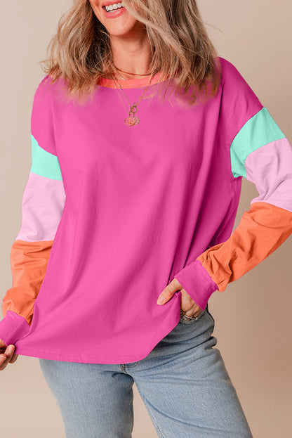 Green Colorblock Patchwork Long Sleeve Loose Top