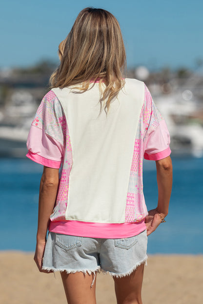 Beige Floral Patchwork Color Block Relaxed Fit Top