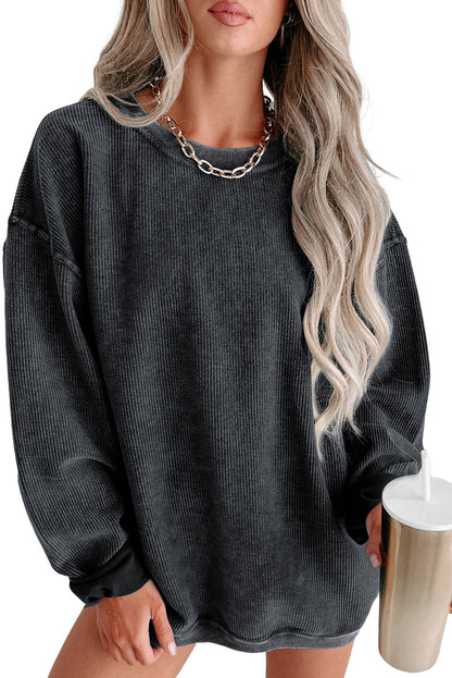 Customizable Solid Ribbed Knit Round Neck Casual PulloverSweatshirt