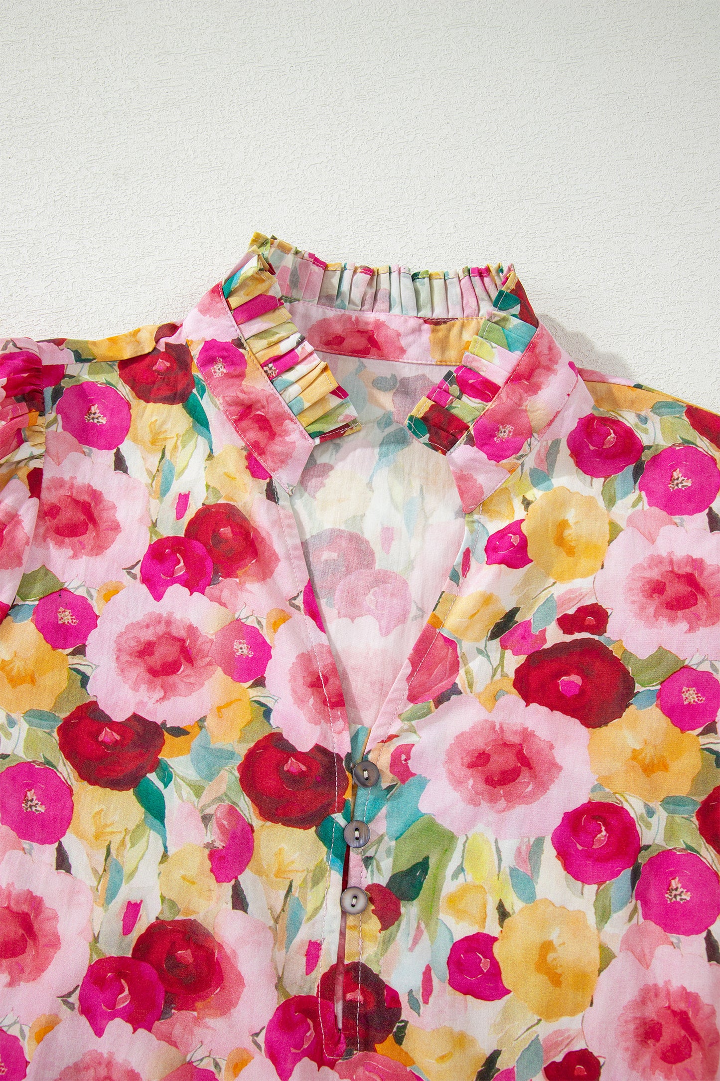 Pink Floral V Neck Puff Sleeve Blouse