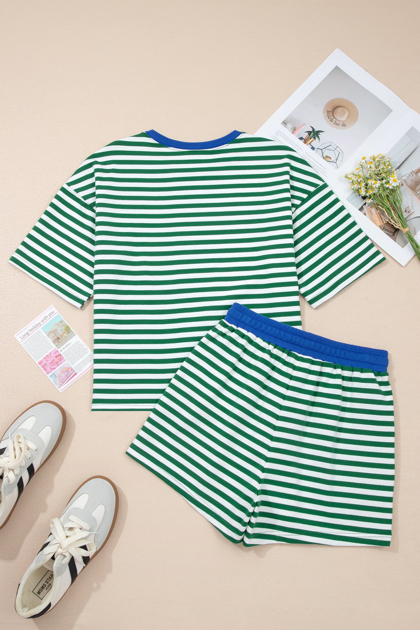 Striped Two Piece Lounge Set Womens Tee and Shorts
