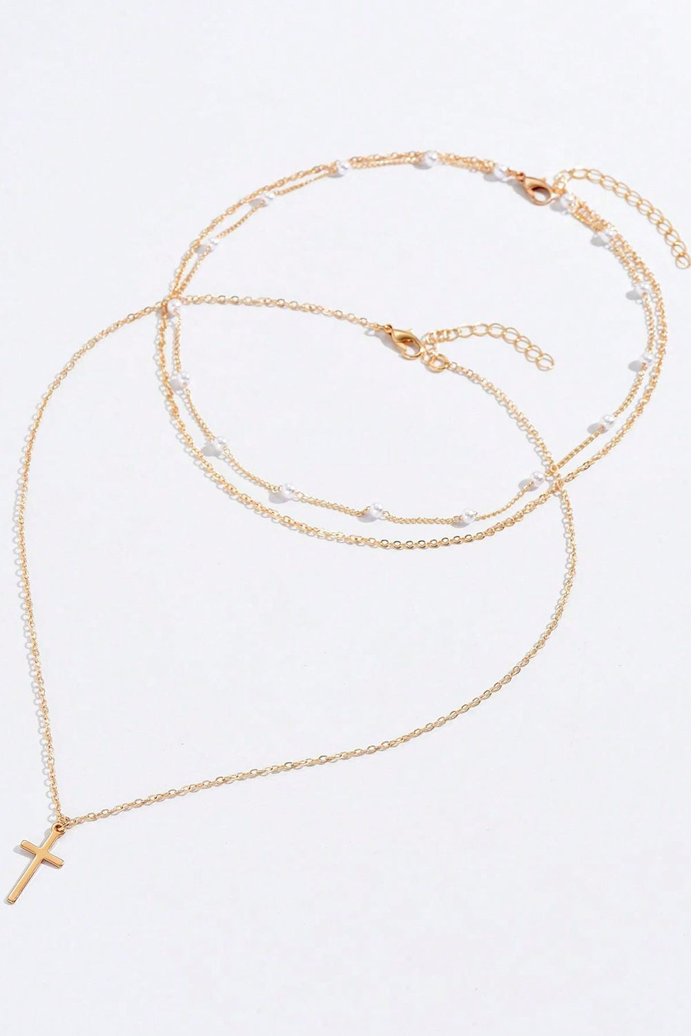 Gold Cross Pendant Pearl Triple Layer Chain Necklace