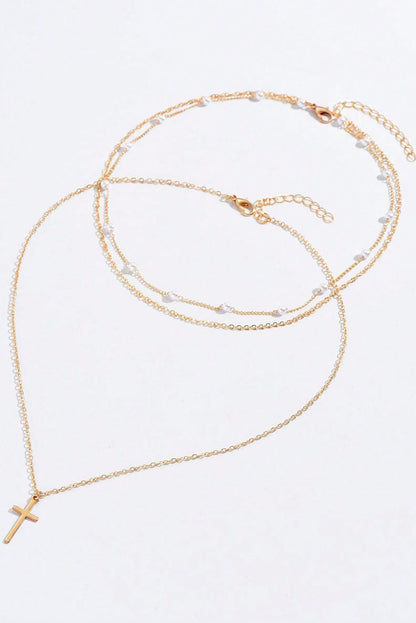 Gold Cross Pendant Pearl Triple Layer Chain Necklace
