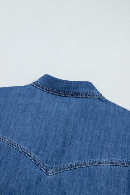 Sail Blue Western Patch Pockets Tunic Length Long Sleeve Denim Shirt