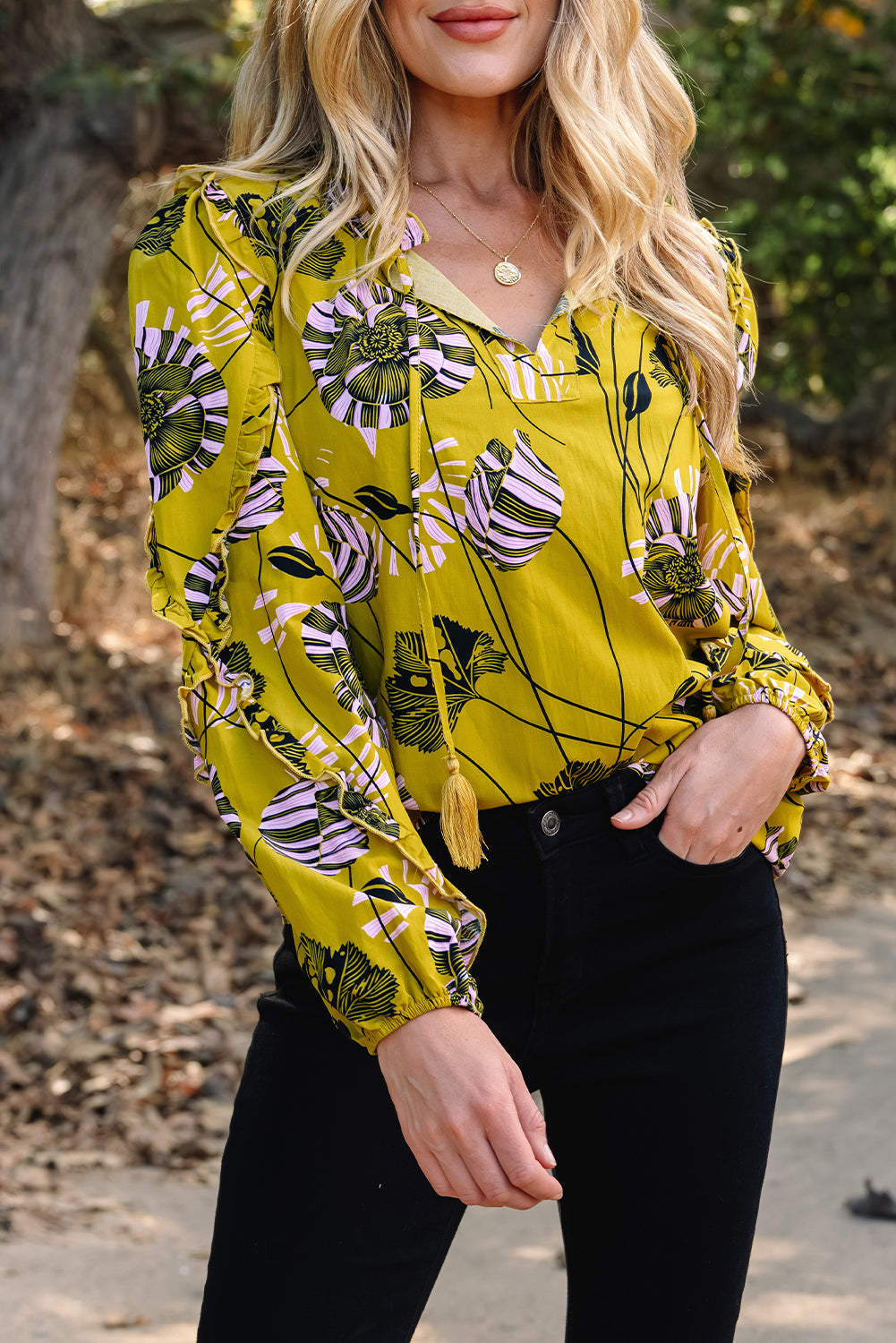 Yellow Vintage Floral V Neck Ruffle Long Sleeve Blouse