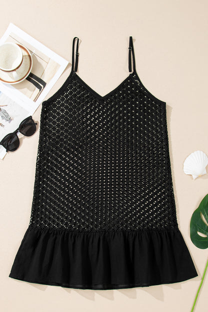 Black Sheer Knit Ruffle Hem Crochet Beach Cover Up
