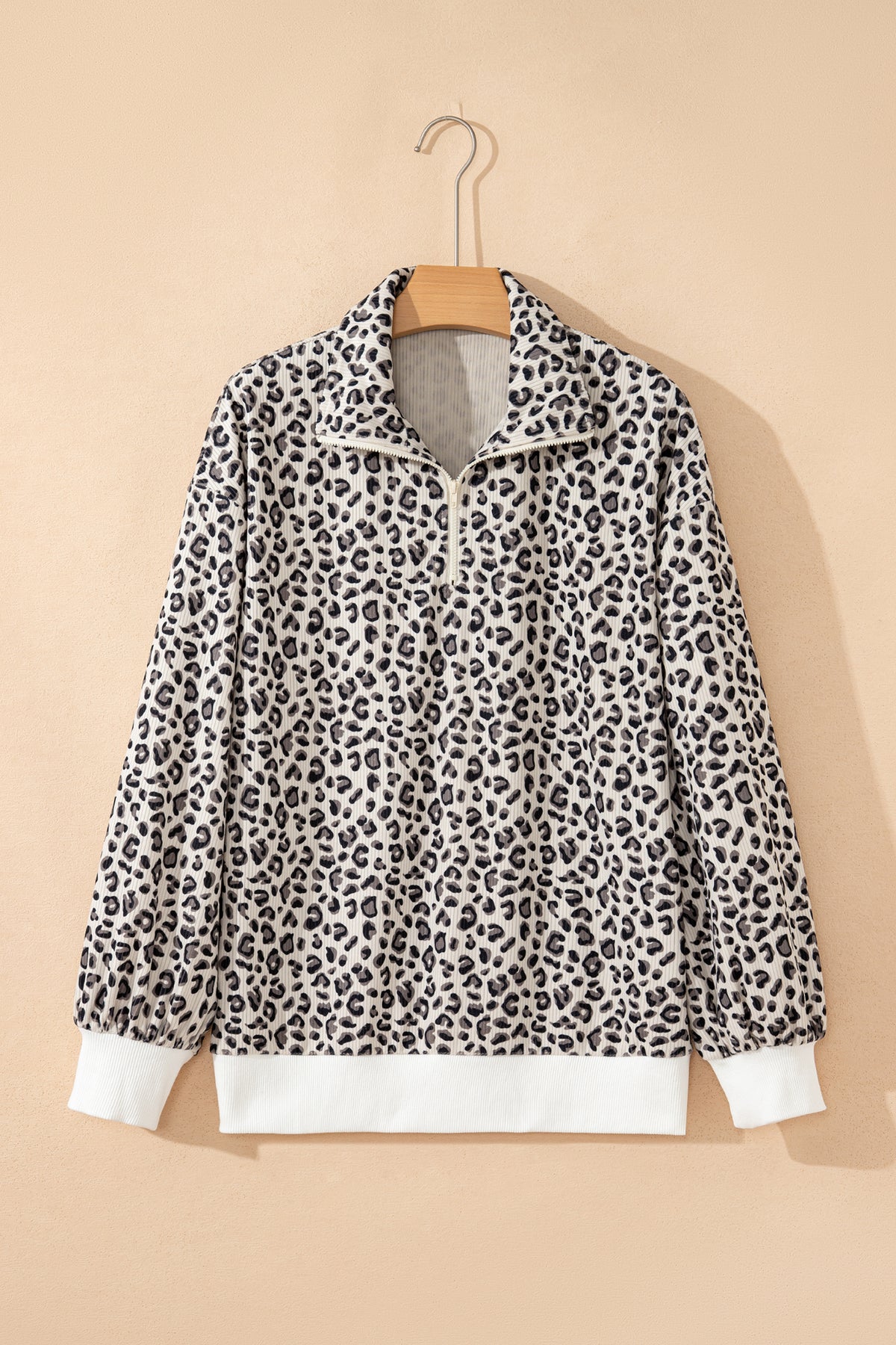 Leopard Print Quarter Zip Corduroy Pullover