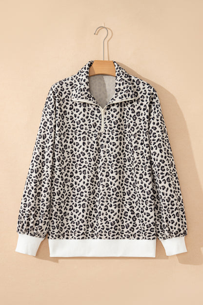 Leopard Print Quarter Zip Corduroy Pullover