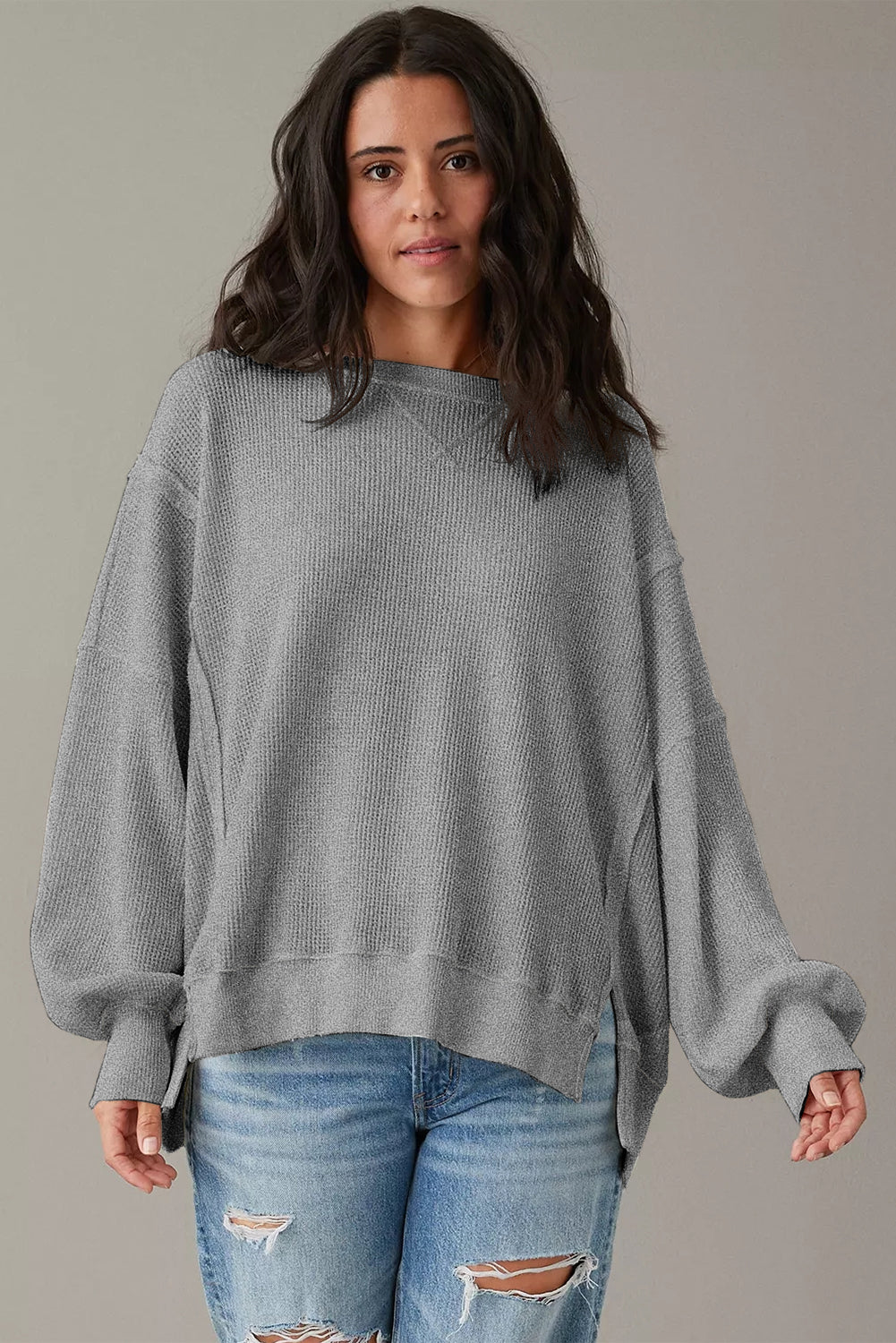 Waffle knit Bishop Sleeve Split Oversized Top