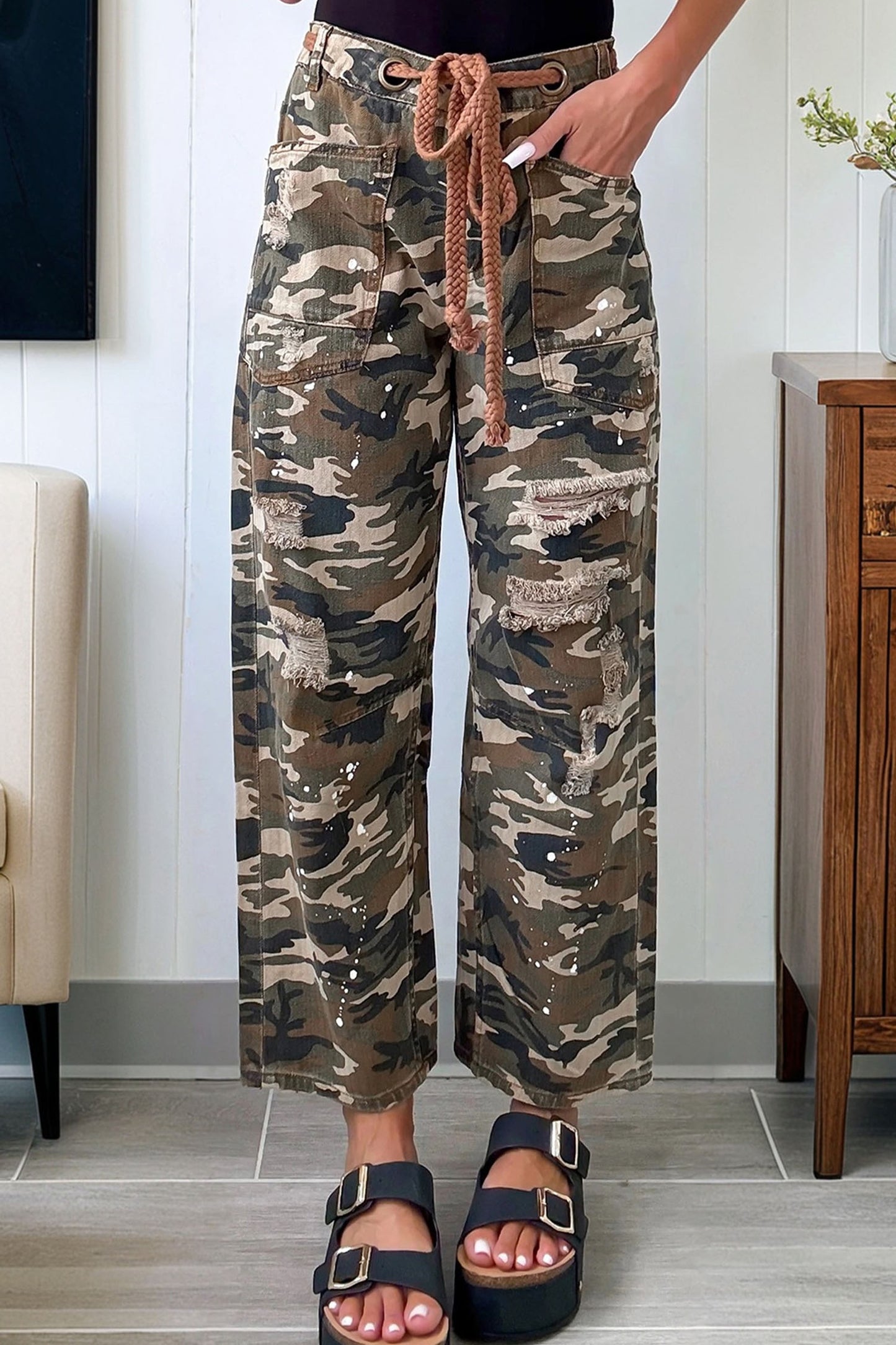 Green Camouflage Distressed Loose Fit Denim Pants