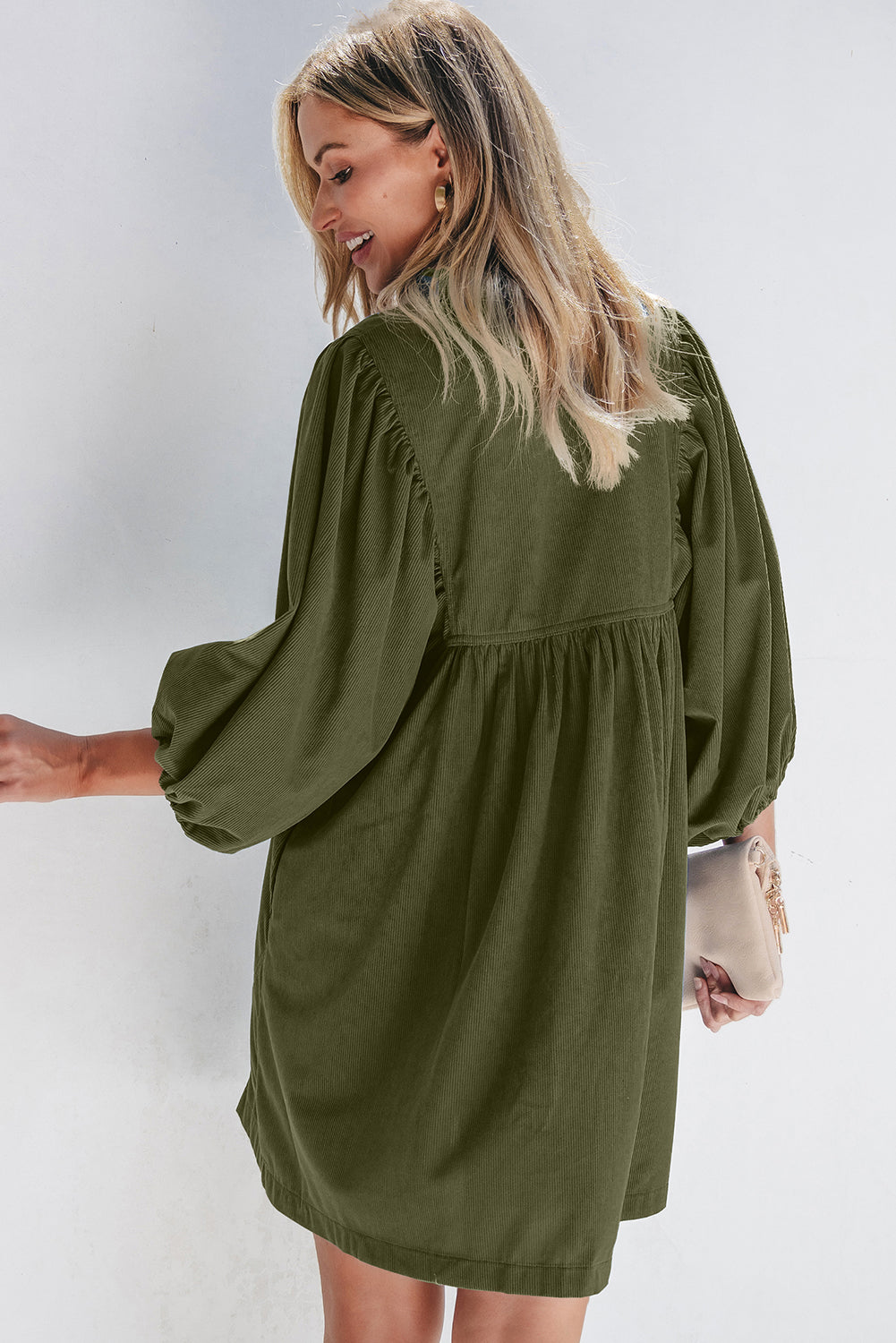 Vineyard Green Corduroy Snap Buttons Empire Waist Bracelet Sleeve Dress