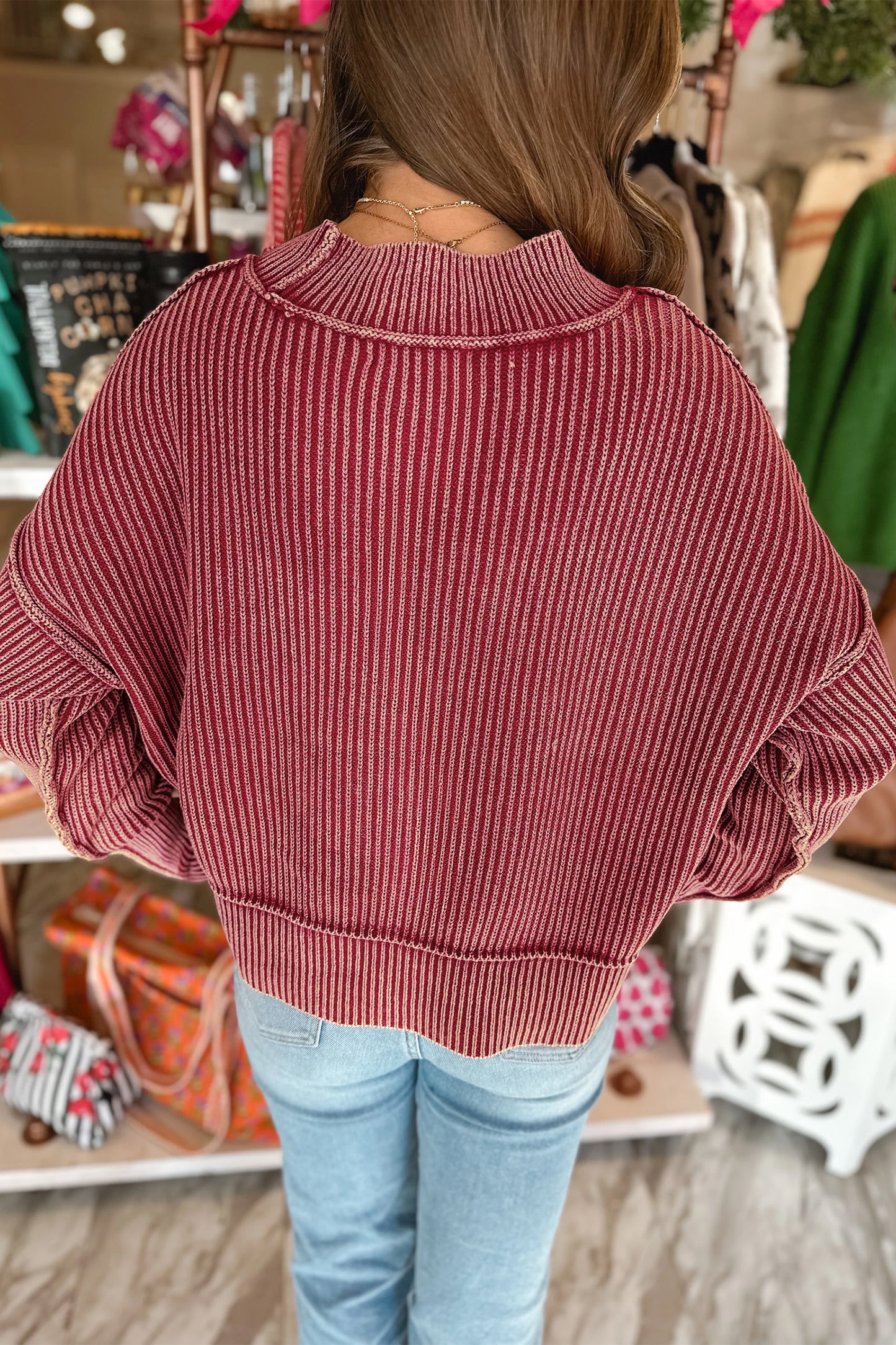 Red Ribbed Mock Neck Drop Shoulder Sweater