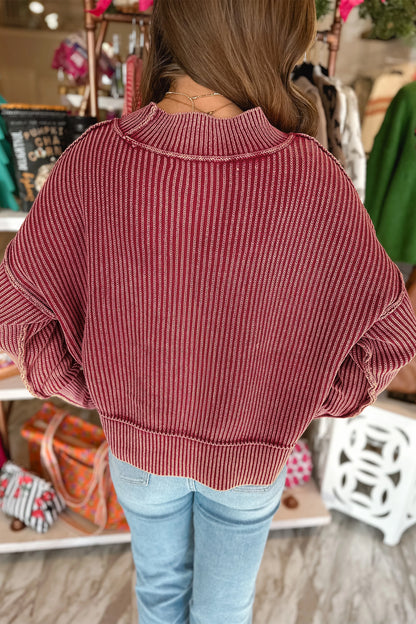 Red Ribbed Mock Neck Drop Shoulder Sweater