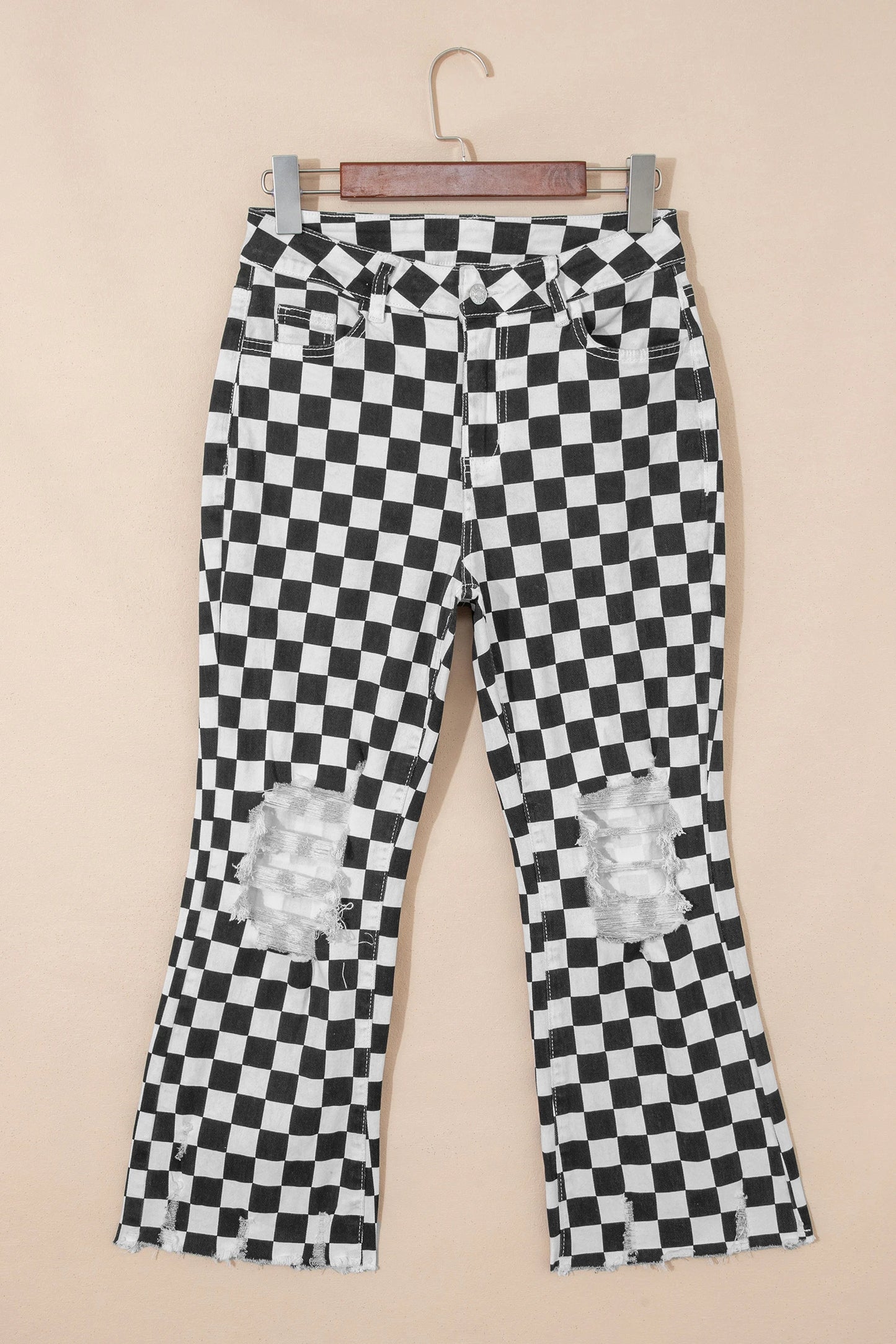 Checkerboard Distressed Cropped Jeans Raw Hem Pants