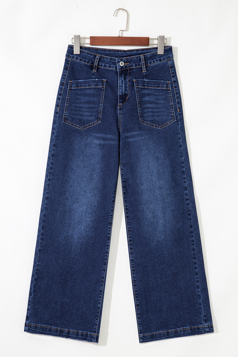 High Waist Wide Leg Denim Jeans with Front Patch Pockets