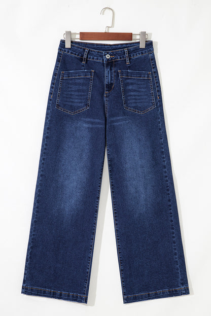 High Waist Wide Leg Denim Jeans with Front Patch Pockets