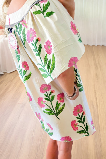 Easter Floral Split Neck Short Sleeve Mini Dress