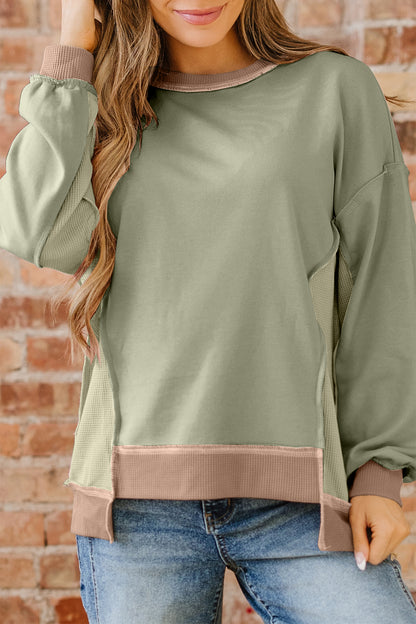 Color Block Patchwork Waffle Knit Oversized Sweatshirt